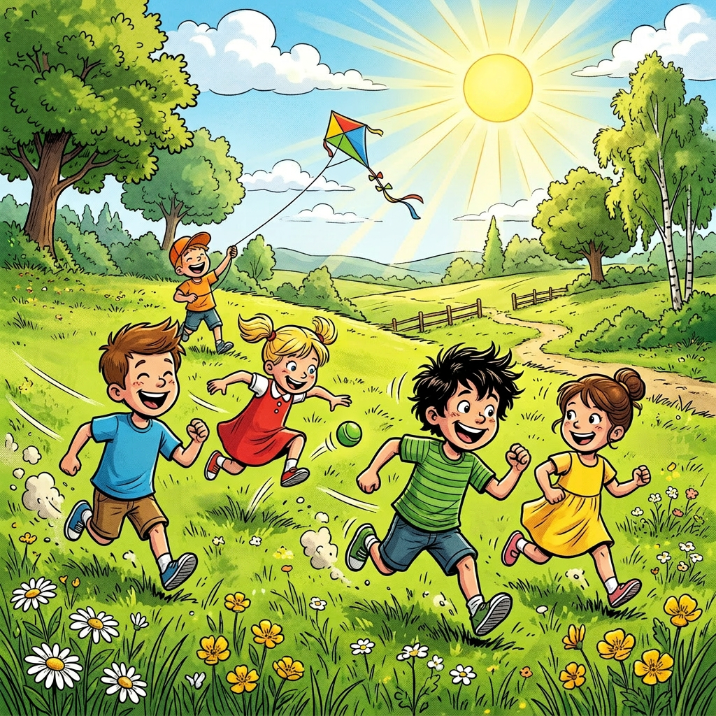 Five children running and playing with a kite in a sunny grassy field